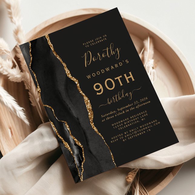 Invitación Black Gold Agate Dark 90th Birthday Party (Subido por el creador)