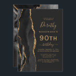 Invitación Black Gold Agate Dark 90th Birthday Party<br><div class="desc">El borde izquierdo de esta elegante y moderna invitación a la fiesta de cumpleaños cuenta con un borde de batida de color negro adornado con un falso purpurina de oro. El texto del personalizable combina la escritura a mano de color dorado, las fuentes de copperplate y cursiva sobre un fondo...</div>