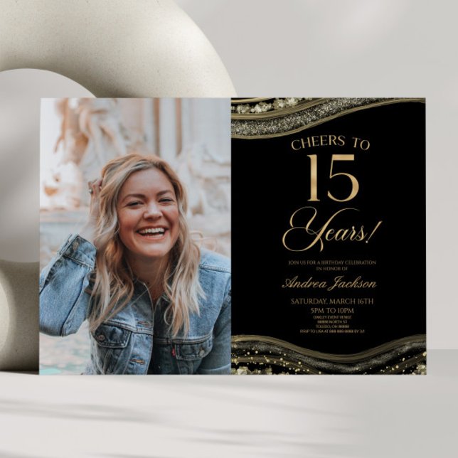 Invitación Black Gold Agate Foto 15th Birthday Party (Subido por el creador)