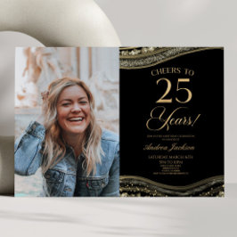 Invitación Black Gold Agate Foto 25th Birthday Party