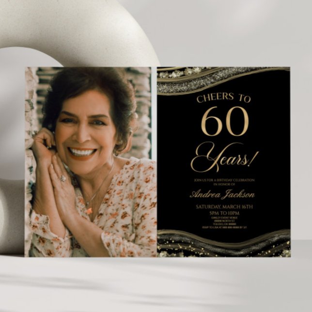 Invitación Black Gold Agate Foto 60 cumpleaños (Subido por el creador)