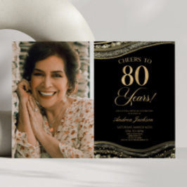 Invitación Black Gold Agate Foto 80 cumpleaños