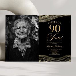 Invitación Black Gold Agate Fotografía 90 cumpleaños