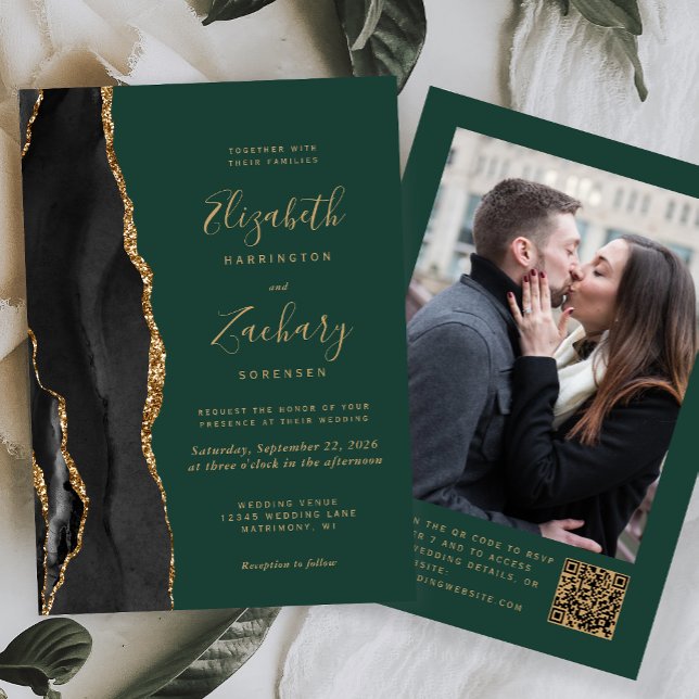 Invitación Black Gold Agate Green Photo QR Code Boda (Subido por el creador)