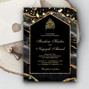 Invitación Black Gold Agate Marble Arch Boda Musulmana