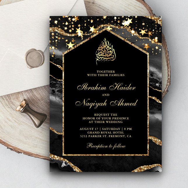 Invitación Black Gold Agate Marble Arch Boda Musulmana (Subido por el creador)