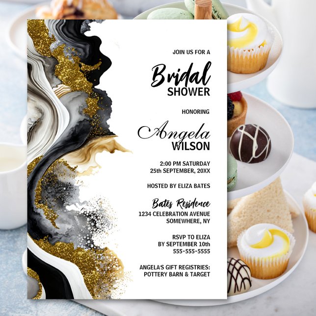 Invitación Black Gold Agate Marble Bridal Shower (Subido por el creador)