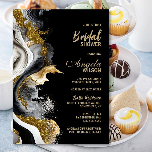 Invitación Black Gold Agate Marble Bridal Shower (Subido por el creador)