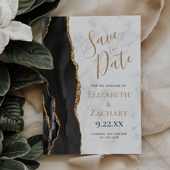 Invitación Black Gold Agate Marble Save the Date Card (Subido por el creador)