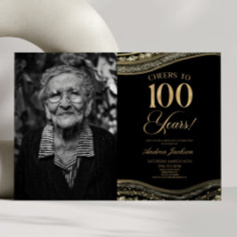 Invitación Black Gold Agate Picture 100th Birthday Party