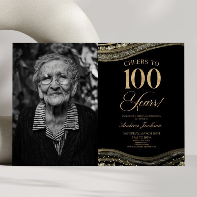 Invitación Black Gold Agate Picture 100th Birthday Party (Subido por el creador)