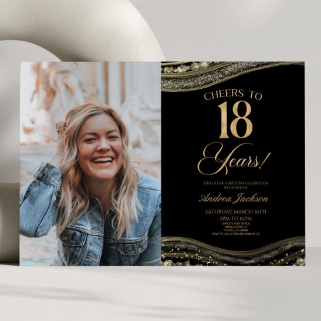 Invitación Black Gold Agate Picture 18th Birthday Party (Subido por el creador)
