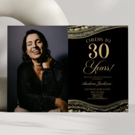 Invitación Black Gold Agate Picture 30th Birthday Fiesta