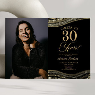 Invitación Black Gold Agate Picture 30th Birthday Fiesta
