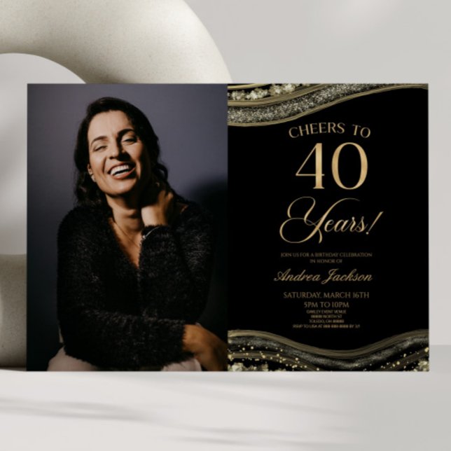 Invitación Black Gold Agate Picture 40th Birthday Fiesta (Subido por el creador)