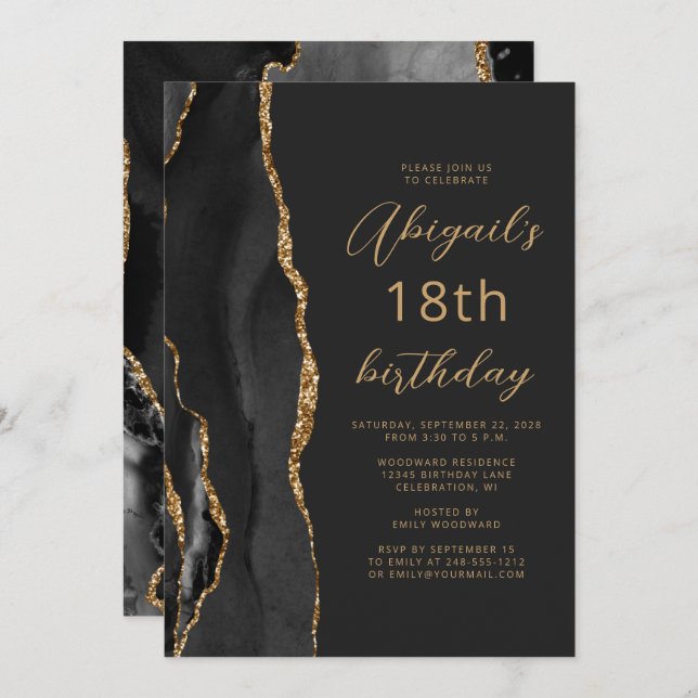 Invitación Black Gold Agate Slate Script 18º cumpleaños (Anverso / Reverso)