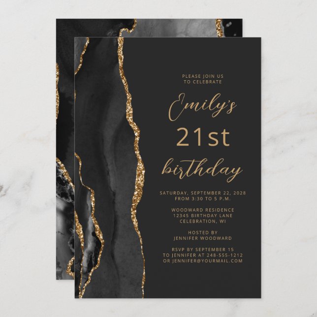Invitación Black Gold Agate Slate Script 21st Birthday (Anverso / Reverso)