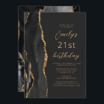 Invitación Black Gold Agate Slate Script 21st Birthday<br><div class="desc">El borde izquierdo de esta elegante y moderna invitación a la fiesta de cumpleaños cuenta con un borde de batida de color negro adornado con un purpurina de imitación de oro. El texto de personalizable combina secuencias de comandos de color dorado y fuentes sans serif en un fondo negro de...</div>