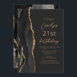 Invitación Black Gold Agate Slate Script 21st Birthday<br><div class="desc">El borde izquierdo de esta elegante y moderna invitación a la fiesta de cumpleaños cuenta con un borde de batida de color negro adornado con un purpurina de imitación de oro. El texto de personalizable combina secuencias de comandos de color dorado y fuentes sans serif en un fondo negro de...</div>