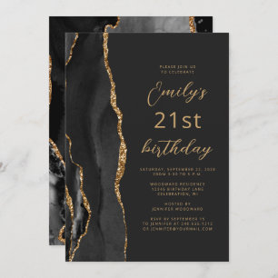Invitación Black Gold Agate Slate Script 21st Birthday
