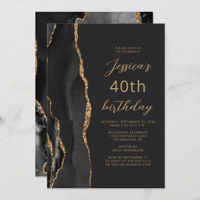 Invitación Black Gold Agate Slate Script 40 cumpleaños (Anverso / Reverso)
