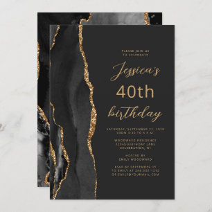 Invitación Black Gold Agate Slate Script 40 cumpleaños