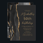Invitación Black Gold Agate Slate Script 50 cumpleaños<br><div class="desc">El borde izquierdo de esta elegante y moderna invitación a la fiesta de cumpleaños cuenta con un borde de batida de color negro adornado con un purpurina de imitación de oro. El texto de personalizable combina secuencias de comandos de color dorado y fuentes sans serif en un fondo negro de...</div>