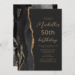 Invitación Black Gold Agate Slate Script 50 cumpleaños