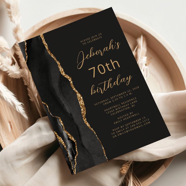 Invitación Black Gold Agate Slate Script 70 cumpleaños (Subido por el creador)