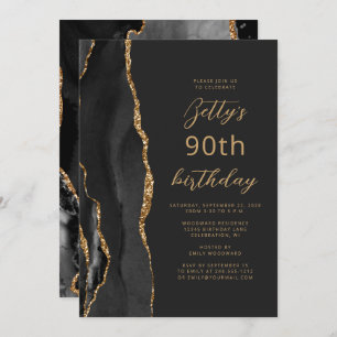 Invitación Black Gold Agate Slate Script 90 cumpleaños
