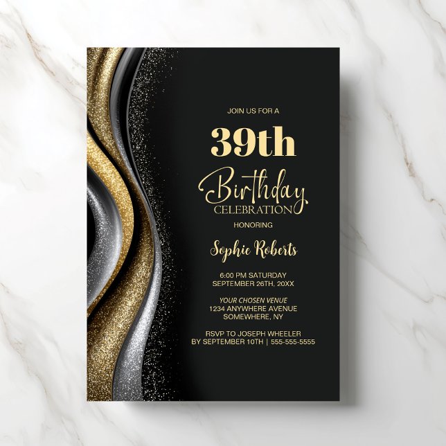 Invitación Black Gold Any Age Birthday Party (Subido por el creador)