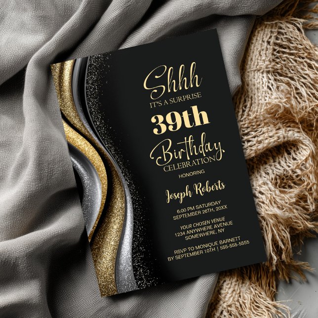 Invitación Black Gold Any Age Surprise Birthday Party (Subido por el creador)