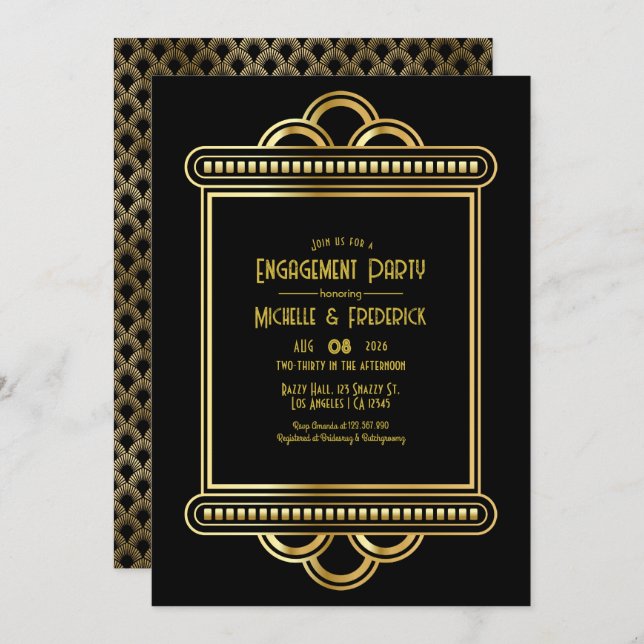 Invitación Black & Gold Art Deco Gold Engagement Party Photo (Anverso / Reverso)