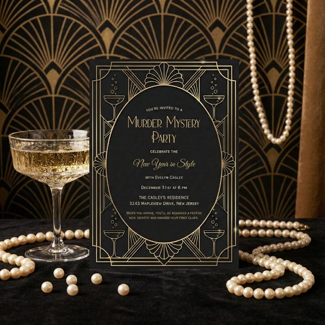 Invitación Black Gold Art Deco Murder Mystery New Year Party (Art Deco New Year’s Eve Party – Black & Gold, Champagne, Personalized)