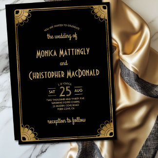 Invitación Black Gold Art Deco Simple Vintage Floral Boda