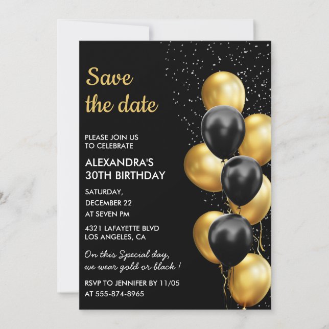 Invitación Black Gold Balloon Elegant 30 Save the Date (Anverso)