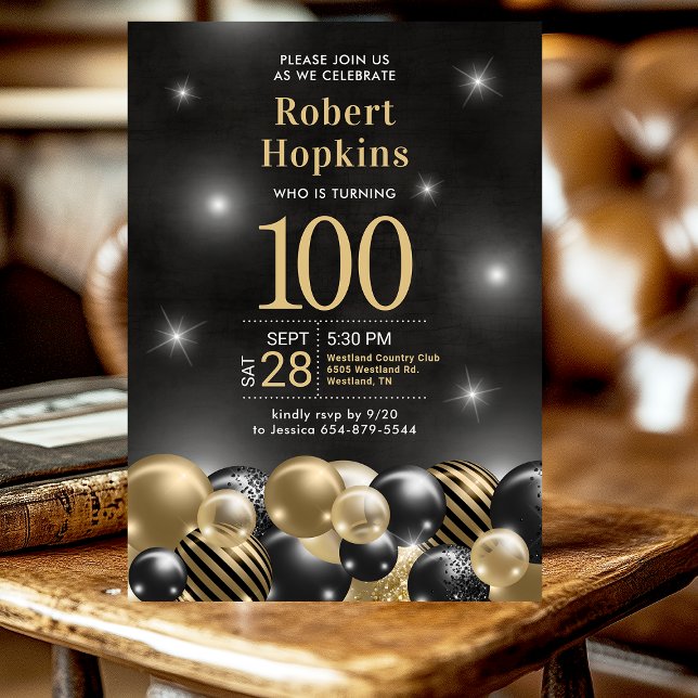 Invitación Black Gold Balloons 100th Birthday Party (Subido por el creador)