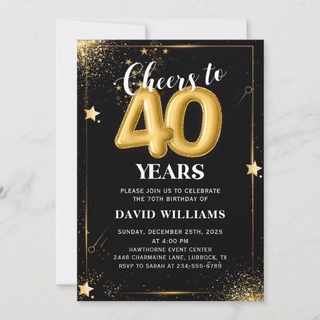 Invitación Black Gold Balloons 40th Birthday Party Invitation (Anverso)