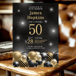 Invitación Black Gold Balloons 50th Birthday Party<br><div class="desc">¡¡¡Es la estrella de la noche!!! Esta fabulosa invitación a la fiesta de cumpleaños número 50 de los hombres con un borde inferior de globos negros y dorados, el número 50 en oro es perfecto para celebrar al hombre en el cumpleaños número 50 de tu vida. Es tradicional y clásico,...</div>