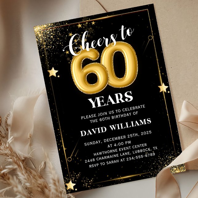 Invitación Black Gold Balloons 60th Birthday Party Invitation (Subido por el creador)