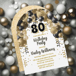 Invitación Black Gold Balloons 80th Birthday Party<br><div class="desc">Celebre con estilo esta vibrante y llamativa invitación a la fiesta de cumpleaños número 80, que presenta un impresionante diseño de un arco de globo en cascada en tonos negros y dorados, y acentuado con blanco. El audaz '80' del centro añade un toque lúdico pero moda, marcando perfectamente el tono...</div>