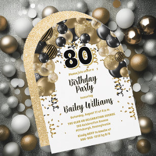 Invitación Black Gold Balloons 80th Birthday Party