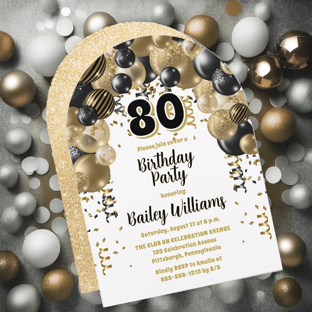 Invitación Black Gold Balloons 80th Birthday Party (Black, Gold Tone and White  Celebration Balloons "80" 80th Birthday Party Invitation - Print | Digi)