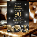 Invitación Black Gold Balloons 90th Birthday Party<br><div class="desc">¡¡¡Es la estrella de la noche!!! Esta fabulosa invitación a la fiesta de cumpleaños número 90 de los hombres con un borde inferior de globos negros y dorados, el número 90 en oro es perfecto para celebrar al hombre en el cumpleaños número 90 de tu vida. Es tradicional y clásico,...</div>