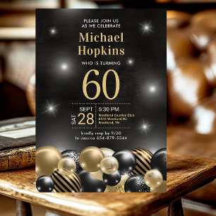 Invitación Black Gold Balloons Fiesta de cumpleaños número 60