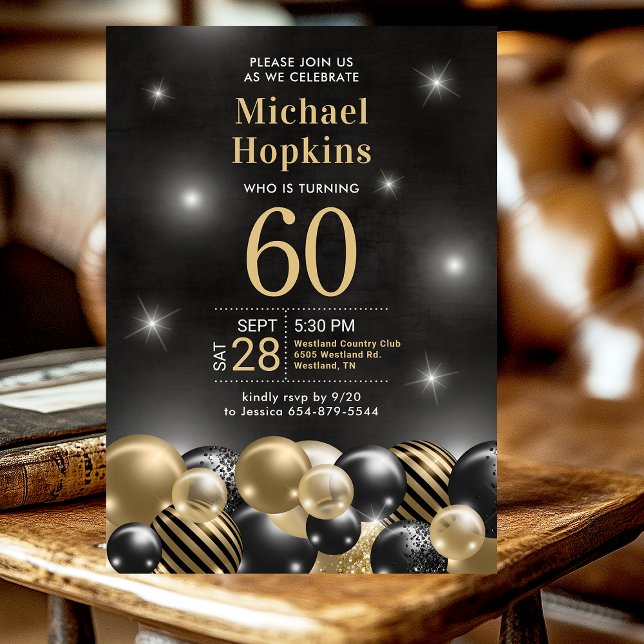 Invitación Black Gold Balloons Fiesta de cumpleaños número 60 (Subido por el creador)