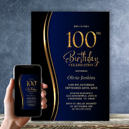 Invitación Black Gold Blue 100 cumpleaños