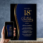 Invitación Black Gold Blue 18th Birthday Party<br><div class="desc">Invite a sus amigos y seres queridos con esta moderna invitación a la fiesta de cumpleaños 18 en negro, oro y azul. El área de texto de personalizable de esta plantilla de invitación le permite incluir sin esfuerzo todos los detalles necesarios para su celebración especial de cumpleaños, incluyendo la fecha,...</div>