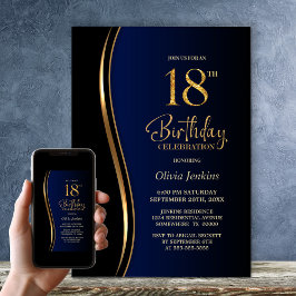Invitación Black Gold Blue 18th Birthday Party