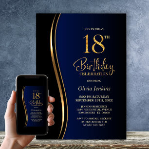 Invitación Black Gold Blue 18th Birthday Party